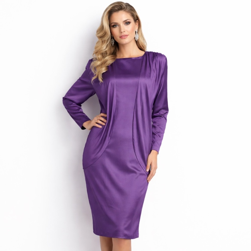 Caron Chicago Vintage Purple Elegant Draped Long Sleeve 80’s Midi Dress Size 10